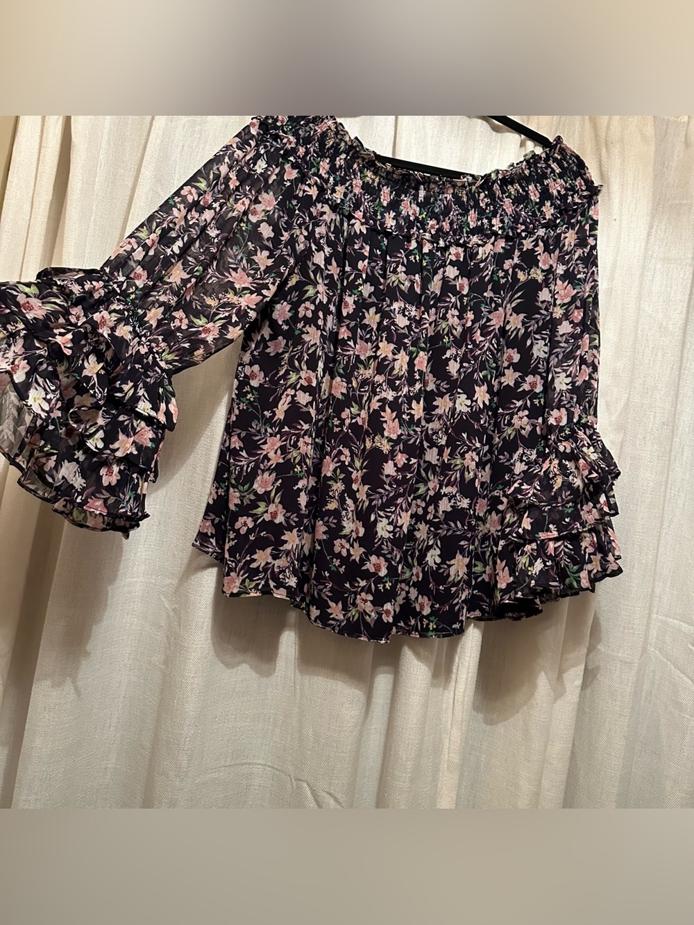 Floral Off The Shoulder Smocked Blouse Tiered Ruffle Sleeve